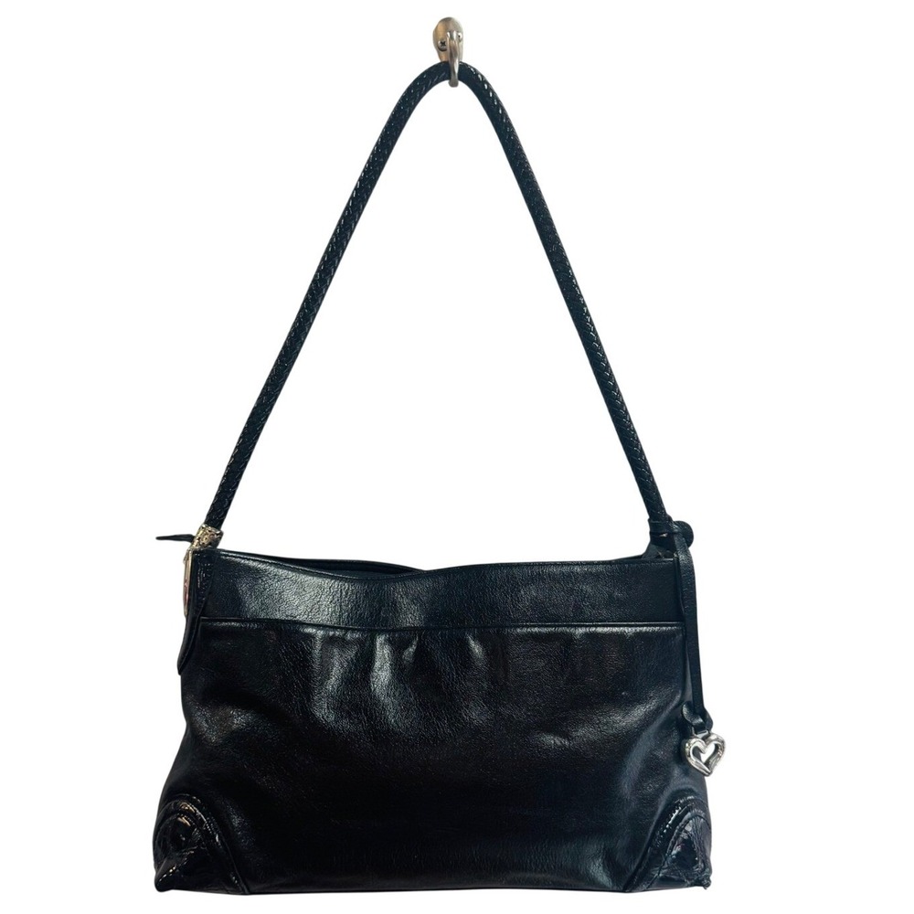 Brighton Black Leather Braided Strap Shoulder Bag Heart Charm Silver Hardware